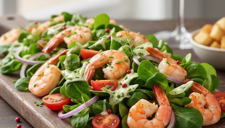 Mediterraner Feldsalat mit Garnelen – leicht, frisch und voller Aroma Feldsalat mit Garnelen besonders angerichtet