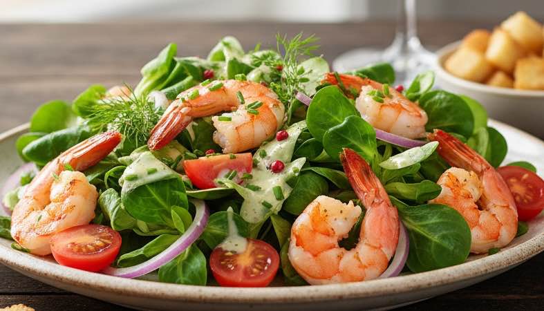 Mediterraner Feldsalat mit Garnelen – leicht, frisch und voller Aroma Feldsalat mit Garnelen eine leichte Vorspeise
