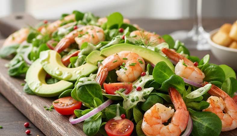Mediterraner Feldsalat mit Garnelen – leicht, frisch und voller Aroma Feldsalat mit Garnelen mit Avocado angerichtet