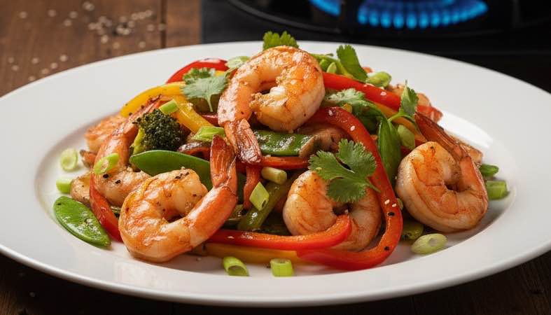 Garnelen im Wok mit Gemüse – Schnelles mediterranes Pfannengericht Garnelen im Wok mit Gemüse auf einem Teller angerichtet