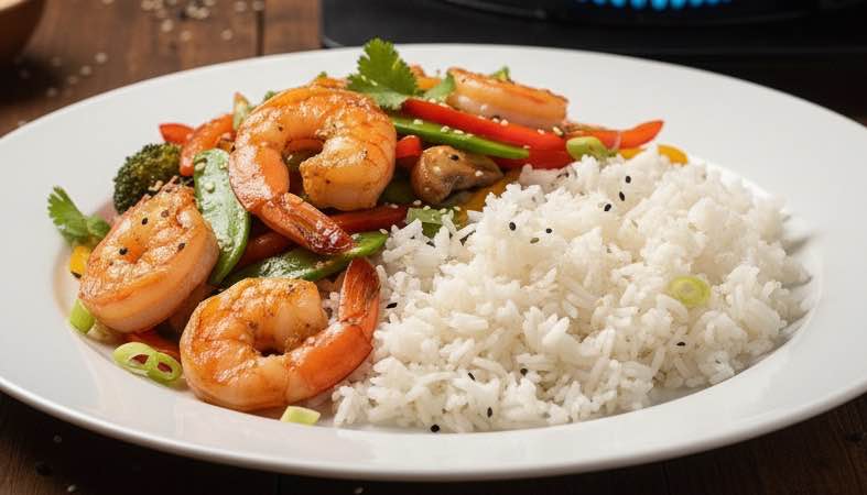 Garnelen im Wok mit Gemüse – Schnelles mediterranes Pfannengericht Garnelen im Wok mit Gemüse mit Reis