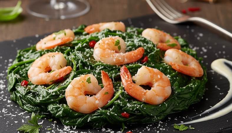 Garnelen mit Spinat: Ein mediterranes Pfannengericht voller Frische Garnelen mit Spinat besonders angerichtet