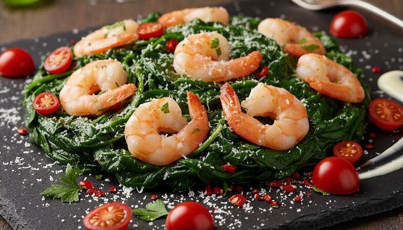 Garnelen mit Spinat: Ein mediterranes Pfannengericht voller Frische Garnelen mit Spinat mit Cherry Tomaten und Chiliflocken