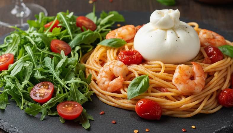 Pasta mit Burrata und Garnelen – Mediterraner Genuss für zu Hause Pasta mit Burrata und Garnelen besonders angerichtet mit Rucola