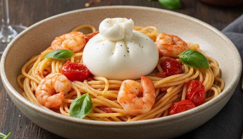 Pasta mit Burrata und Garnelen – Mediterraner Genuss für zu Hause Pasta mit Burrata und Garnelen elegantes Gericht der mediterranen Küche