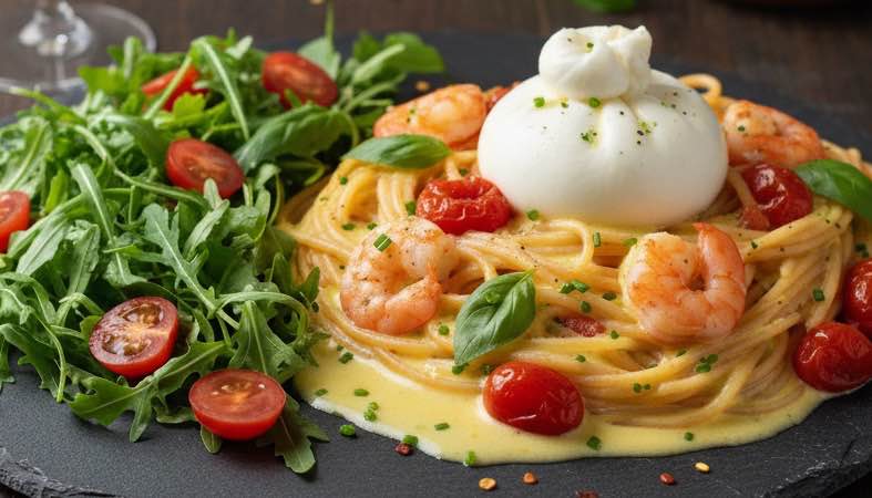 Pasta mit Burrata und Garnelen – Mediterraner Genuss für zu Hause Pasta mit Burrata und Garnelen mit Zitronenbutter