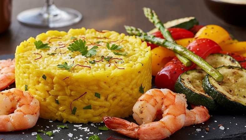 Risotto mit Garnelen – Cremiger Genuss aus Italien Risotto mit Garnelen mit Safran und Gemüse