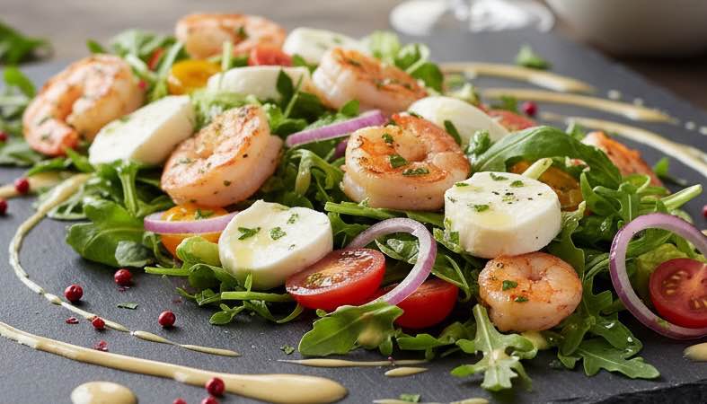 Salat mit Garnelen und Mozzarella – Mediterraner Genuss leicht gemacht Salat mit Garnelen und Mozzarella lecker angerichtet