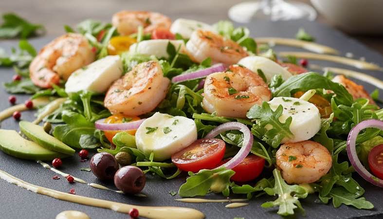 Salat mit Garnelen und Mozzarella – Mediterraner Genuss leicht gemacht Salat mit Garnelen und Mozzarella mit Oliven, Kapern und Avocado